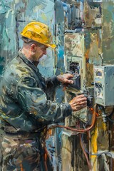 Wall Mural - A technician is carefully inspecting and working on an electrical device, ensuring its safety and proper functioning. The man is focused on the task at hand, surrounded by wires and tools