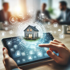 control the smart home system from a tablet isolated on a blurred background