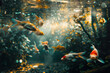 Beautiful underwater scene of a group of goldfish swimming in the sunlight with plants in the background