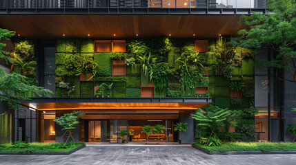 Modern Building with Vertical Garden Exterior and Warmly Lit Entrance