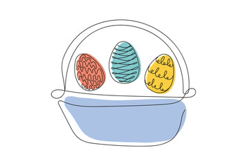 Wall Mural - Wicker basket with colorful Easter eggs. Continuous one line drawing. Vector illustration isolated on white backdrop. Festive decoration. For Easter promotions, greeting cards, holiday invitations