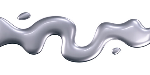 Wall Mural - 3d chrome liquid wave with drops isolated. Render of fluid metal ribbon with reflection gradient effect flying in motion concept for poster, cover. 3d vector geometric background