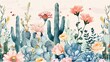 a highly detailed, soft-colored floral and cactus garden pattern with ample text copy space