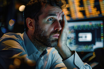 Sad depressed business man stock trading market investor or financial broker, businessman trader feeling frustrated about money loss, stock market fall, economic recession or bankruptcy.