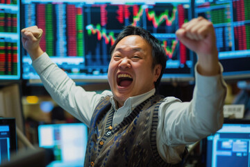 Happy crazy euphoric rich business man stock trading exchange market investor broker, businessman trader winner celebrating success financial charts growth. Money profit win, stock market growth.