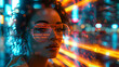 Close-up of an individual with an intentionally blurred face against a backdrop of vibrant neon city lights at night
