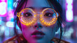 Close-up of a woman with illuminated glasses featuring a futuristic design against a neon backdrop