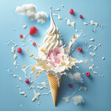 Fototapeta  - Soft serve ice cream cone with a splash of berries and cereal, evoking a dreamy cloud-like dessert fantasy.