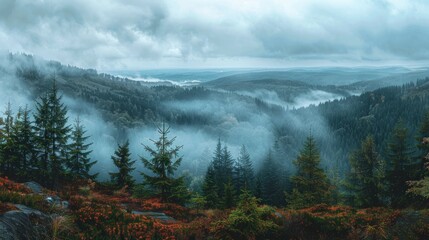 Wall Mural - Amazing mystical rising fog forest trees landscape in black forest blackforest ( Schwarzwald ) Germany panorama banner