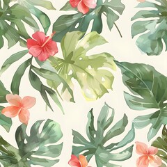  Beautiful seamless vector water color floral pattern, spring summer background, jungle leaf, Exotic wallpaper
