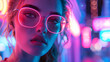 Vibrant neon lights outline a woman's soaked features and reflective glasses in this digital art