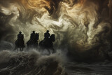 Fototapeta  - four horsemen silhouetted against a backdrop of swirling storms and crashing waves, heralding the end of days with dread and foreboding,