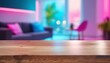 Close up  modern living room with table room with a table, neon light background with light pink blue lights neon, Wood table with blurred modern apartment interior background, interior of a room