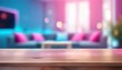 Close up modern living room with table room with a table, neon light background with light pink blue lights neon, Wood table with blurred modern apartment interior background, 