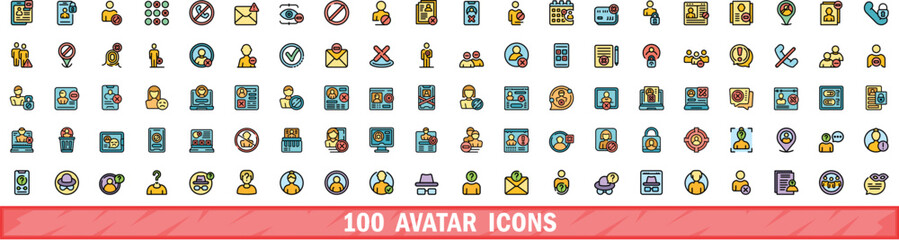 Wall Mural - 100 avatar icons set. Color line set of avatar vector icons thin line color flat on white