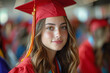 Young woman wearing graduation cap and gown during college graduation ceremony. Portrait of happy student