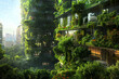 Eco-friendly building with lush greenery in sustainable urban area. Modern city architecture