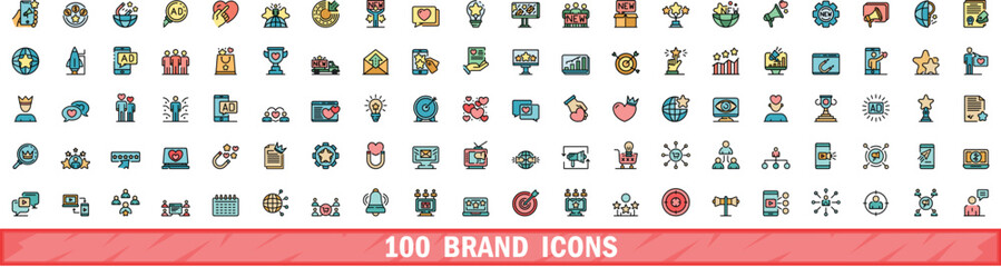 Wall Mural - 100 brand icons set. color line set of brand vector icons thin line color flat on white
