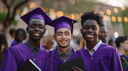 Happy graduation students in purple caps and dresses, Generative Ai