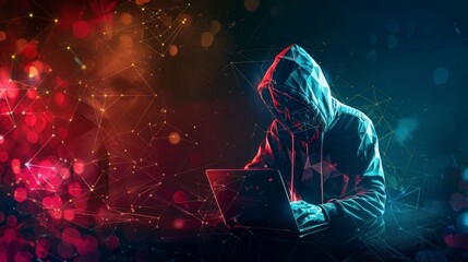 Wall Mural - hooded man on a laptop. hacker concept, computer, pirate, cyber security, hacking, hacker, network, banks