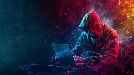 Wall Mural - hooded man on a laptop. hacker concept, computer, pirate, cyber security, hacking, hacker, network, banks, money, person in high resolution and quality