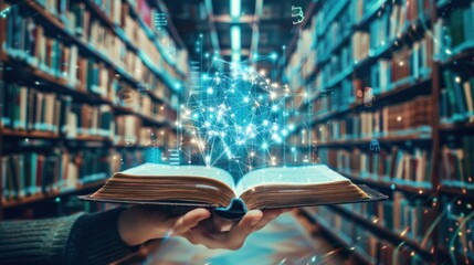 Hand holding a open book with digital technology elements in library background. AI generated