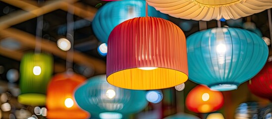 Sticker - A variety of colorful lanterns, made of glass and plastic, in shades of electric blue, hanging from the ceiling. A stunning lighting accessory that doubles as a fashion statement