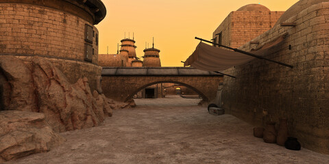 Wall Mural - dusty street in a science fiction fantasy alien town on a desert planet. 3d rendered illustration.
