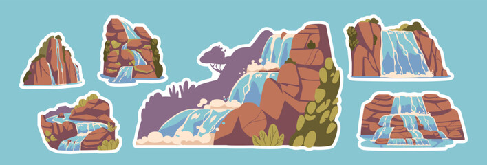 Set of Stickers Waterfalls And Water Cascades With Green Foliage And Rocks. Isolated Cartoon Vector Rocky Hills