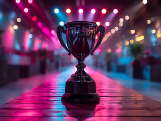 Trophy on a wooden table with colorful bokeh lights background. Concept of achievement and competition. Suitable for design and print related to awards, success, and celebrations