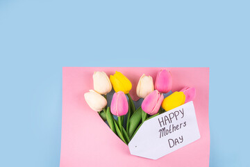 Sticker - Mother day background with tulip flowers bouquet, gift box with pink ribbon and Happy Mother Day tag. Greeting card background, flat lay for poster, brochures, booklets, promotional materials, website