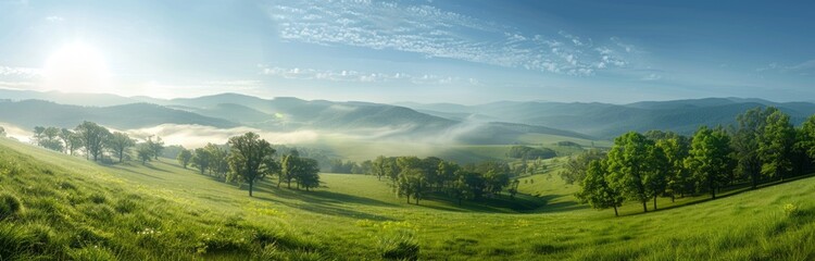 Wall Mural - A panoramic view of the misty morning in Cade technological valley, blue sky and green grass, mist on top of distant hills, bright sunlight casting long shadows over the meadow Generative AI