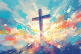 Fototapeta  - Watercolor illustration of the cross shining in clouds, vibrant colors