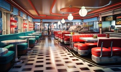 a restaurant with a checkered floor and red and green chairs