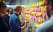 © Olha - An IT project team in a scrum meeting with post-it notes on the wall, Team, Teamwork, blurred background