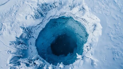 Wall Mural - Aerial Perspective of a Deep Blue Ice Hole in a Pristine Snowy Arctic Landscape, Highlighting the Majestic Beauty of Glacial Lakes