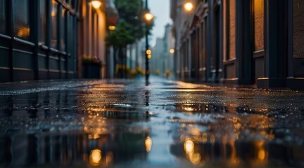 rainy day in the city, rainy day scene, empty street, rain drops on the ground