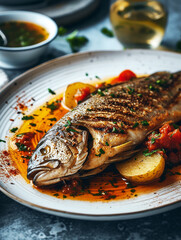 Wall Mural - Grilled fish served with Mediterranean herbs and spices. AI generative.