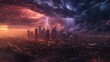 large electrical storm falling over the city of Los Angeles with thunder and lightning and a large cloud