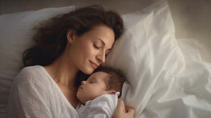 Side view of beautiful young mom and her cute little baby sleeping in bed at home