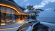 Modern Beachfront Villa with Illuminated Curved Design at Twilight