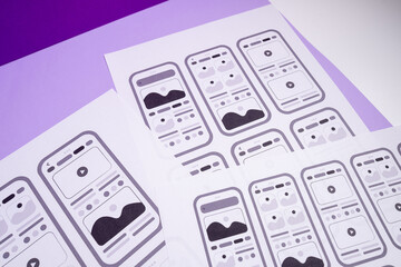 Wall Mural - UX mobile application wireframe. Sketch, prototype, framework, layout future app design project. UI/UX - user interface and user experience designer. Creative concept for smartphone. App development 