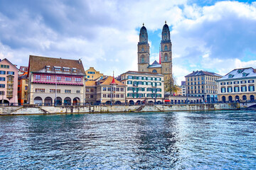 Sticker - Limmat river and Grossmunster church, houses on the river's bank, Zurich, Switzerland