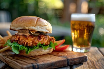 Poster - Chicken Sandwich and Glass of Beer, Outdoor Dining Experience