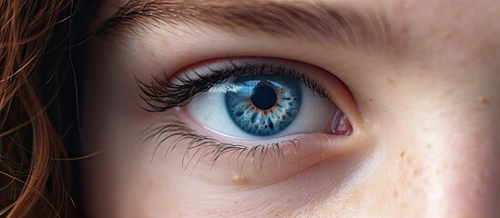 Canvas Print - An extreme closeup showcasing a womans electric blue eye with long violet eyelashes, displaying intricate details of the human body and vision care