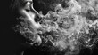 Black and white realistic illustration, in the form of smoke who takes the form of the woman's head. 