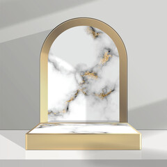 Wall Mural - Luxury minimalist White Marble and gold Podium in white studio background. mockup scene stage for ads product displays, sale, banner and presentation. 3d isolated illustration vector
