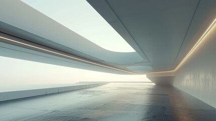 Poster - A 3D rendering of an abstract futuristic architecture with an empty concrete floor. A scene for a car presentation.