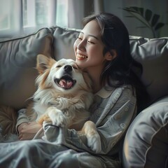 Wall Mural - Portrait beautiful asian women playing with funny dog at couch in living room. AI generated image