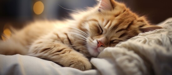 Poster - A domestic shorthaired cat, a member of the Felidae family and a carnivore, is seen comfortably sleeping on a bed. Its whiskers and fur are visible in this closeup shot